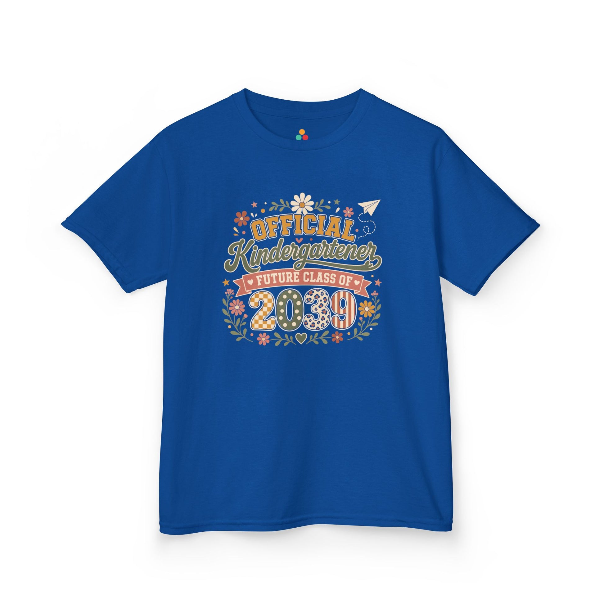 Royal blue TEEZOCA Future Class of 2039 kids tee with a floral wreath, a matching keepsake shirt for a new kindergartener.

