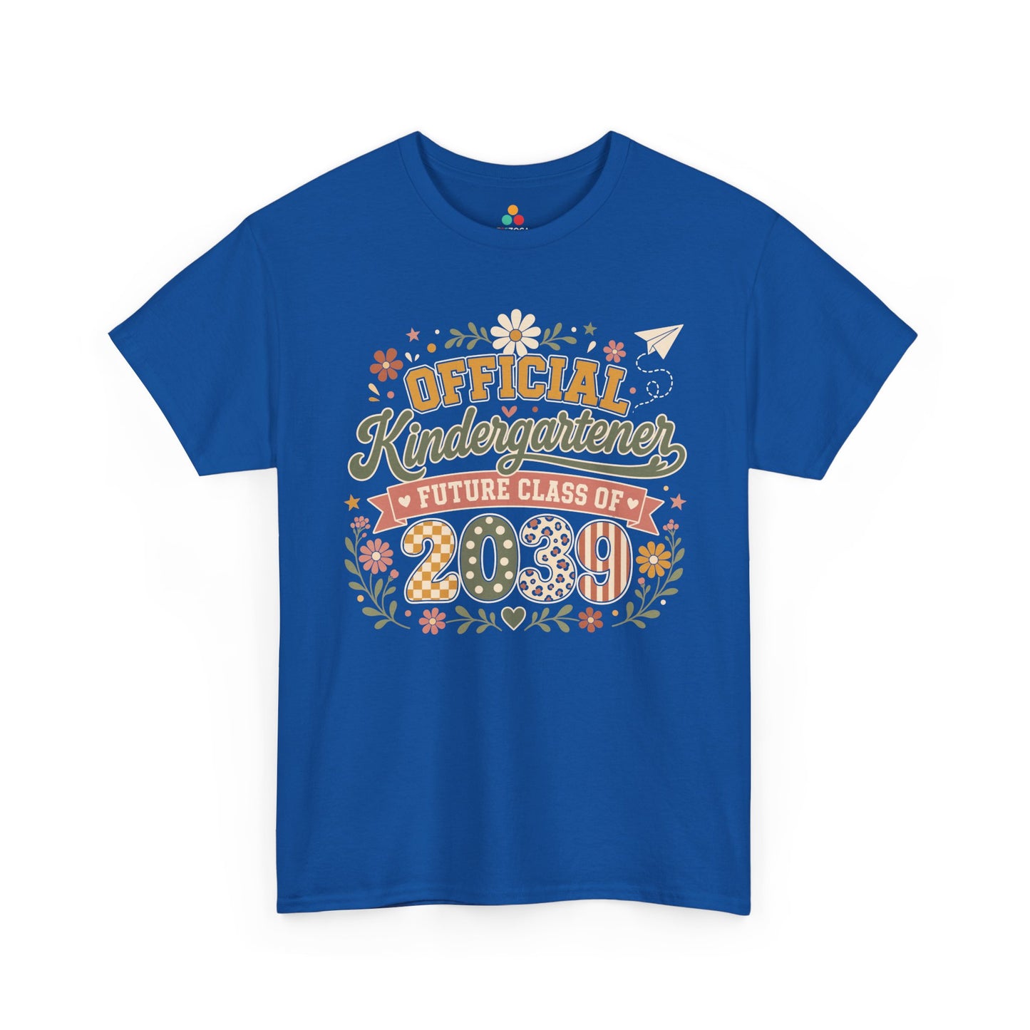 Royal blue TEEZOCA Future Class of 2039 shirt with a floral wreath, a matching family keepsake tee for a new kindergartener.

