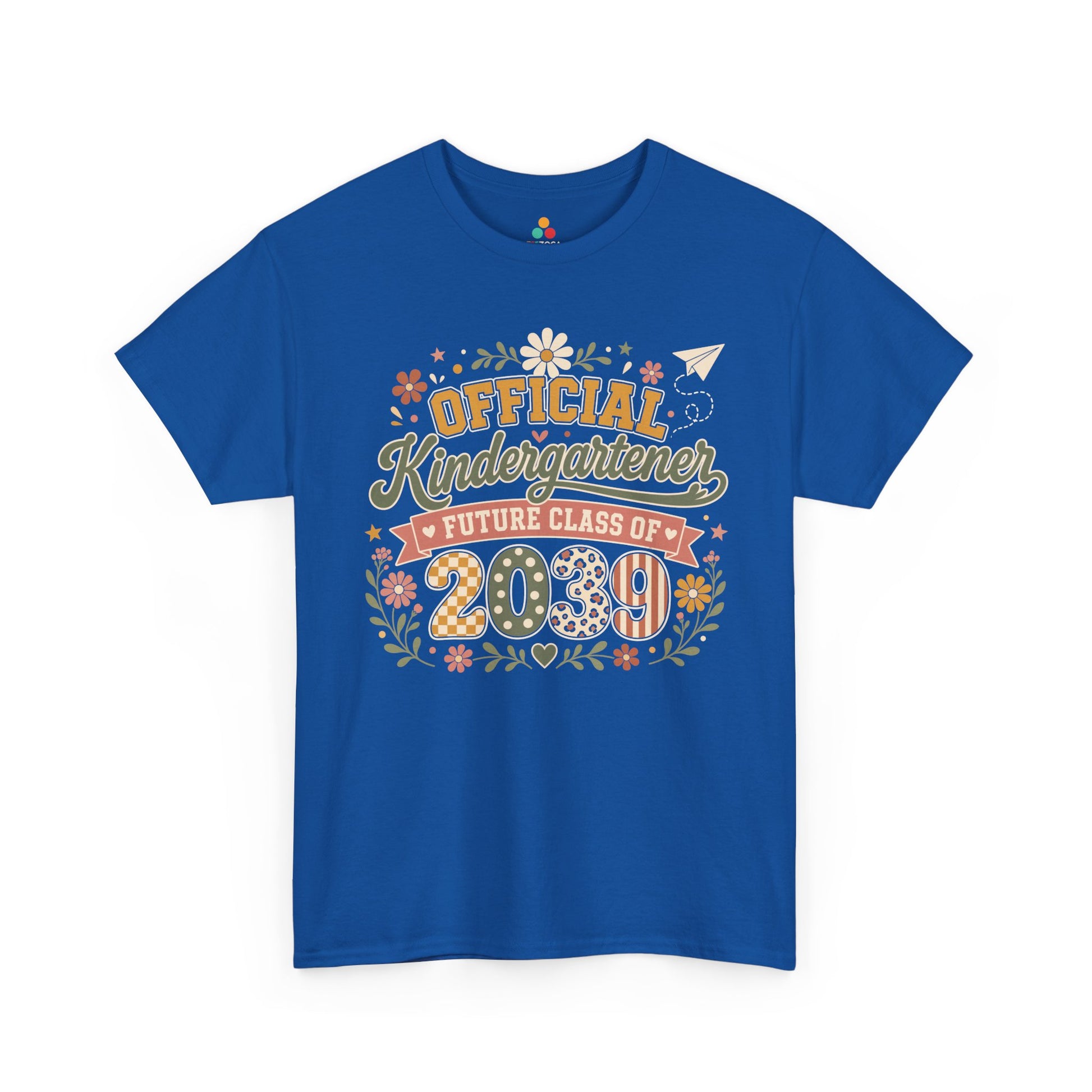 Royal blue TEEZOCA Future Class of 2039 shirt with a floral wreath, a matching family keepsake tee for a new kindergartener.
