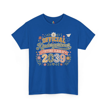 Royal blue TEEZOCA Future Class of 2039 shirt with a floral wreath, a matching family keepsake tee for a new kindergartener.
