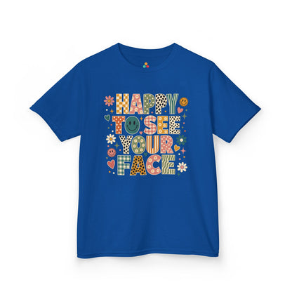 Royal blue TEEZOCA Happy to See Your Face boho kids shirt, a matching cheerful tee for first-day-of-school photos.
