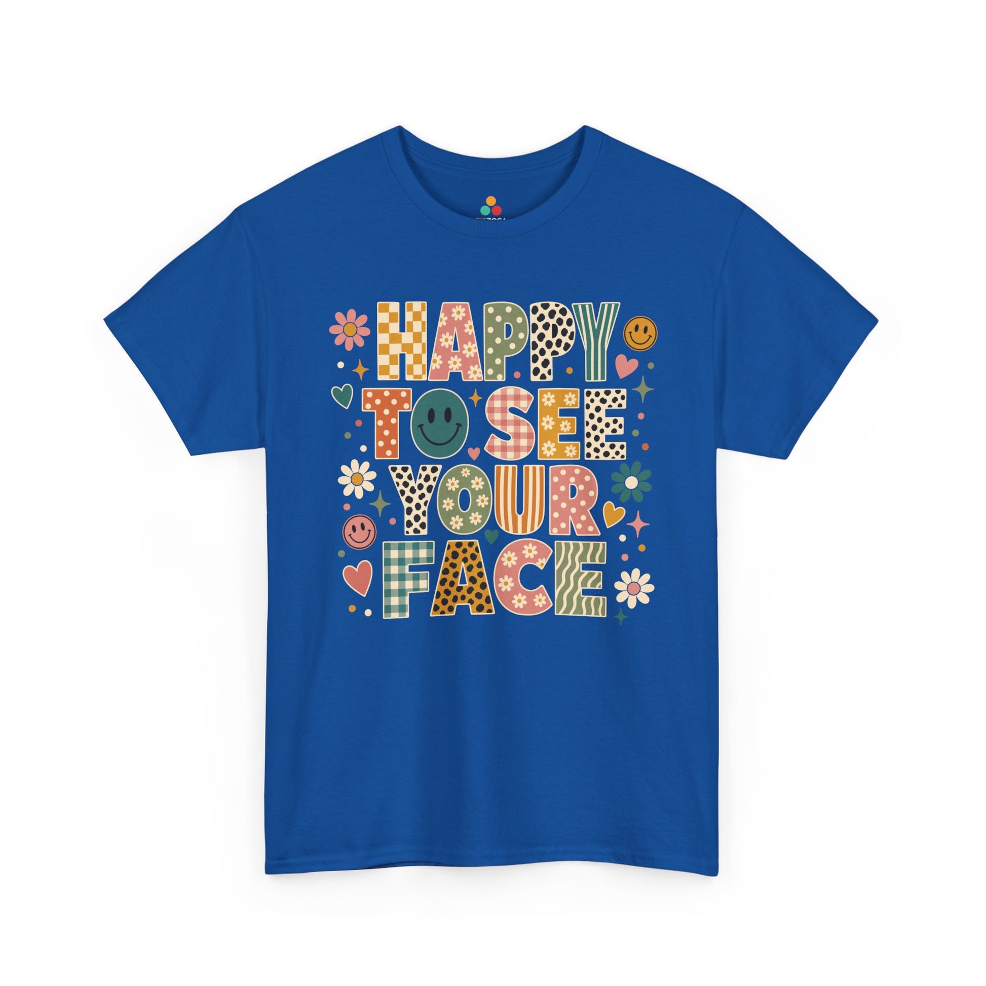 Royal blue TEEZOCA Happy to See Your Face boho shirt, a matching teacher tee for the first day of school.
