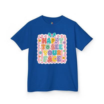 Royal blue TEEZOCA Happy to See Your Face coquette kids tee, a cute back to school shirt for a new school year.
