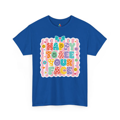 Royal blue TEEZOCA Happy to See Your Face coquette tee, a cute teacher shirt for classroom staff.
