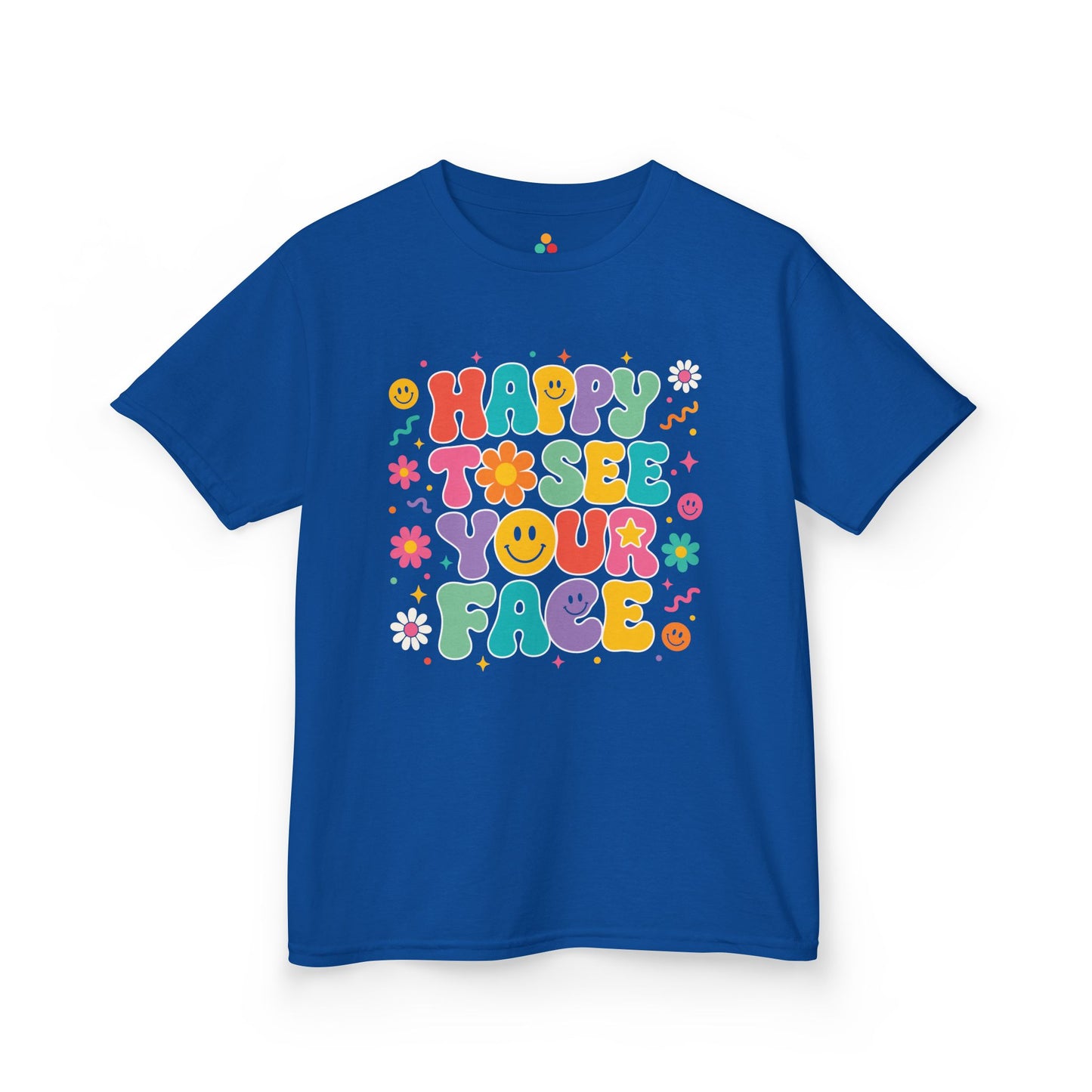 Royal blue TEEZOCA Happy to See Your Face groovy kids tee, a cute back to school shirt for a new school year.
