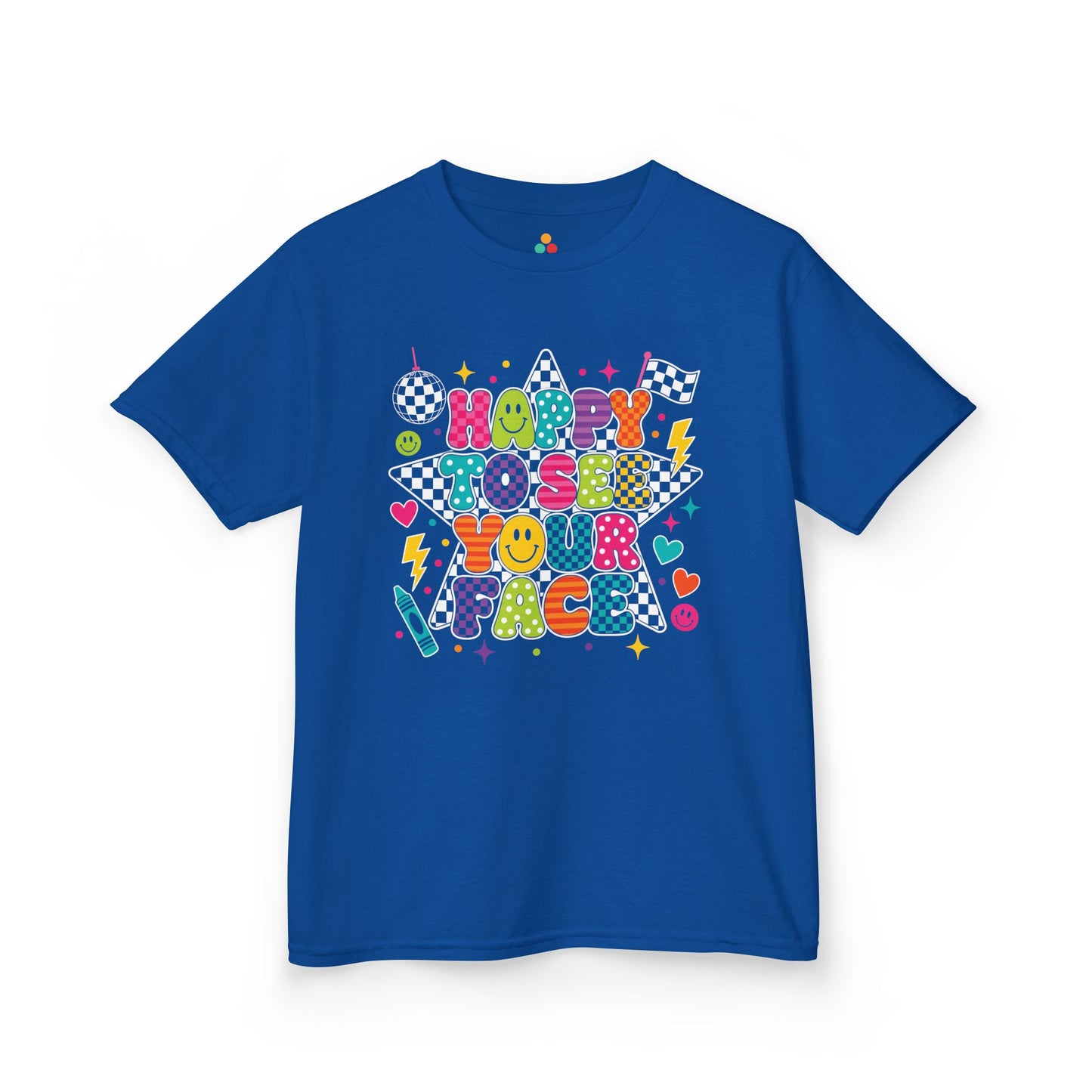 Royal blue TEEZOCA Happy to See Your Face kids tee, a cute back to school shirt for a new school year.
