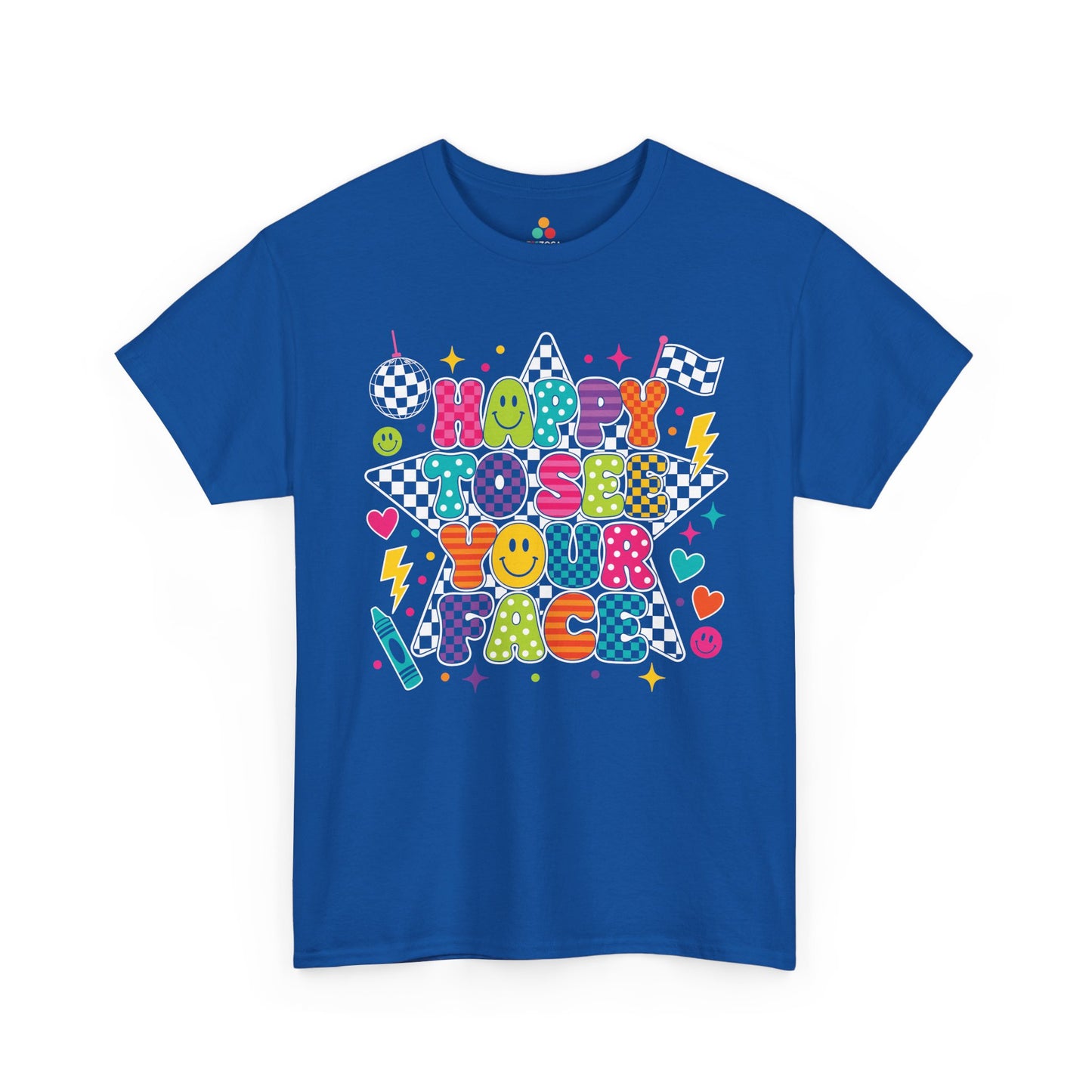 Royal blue TEEZOCA Happy to See Your Face tee, a cute unisex teacher shirt for classroom staff.
