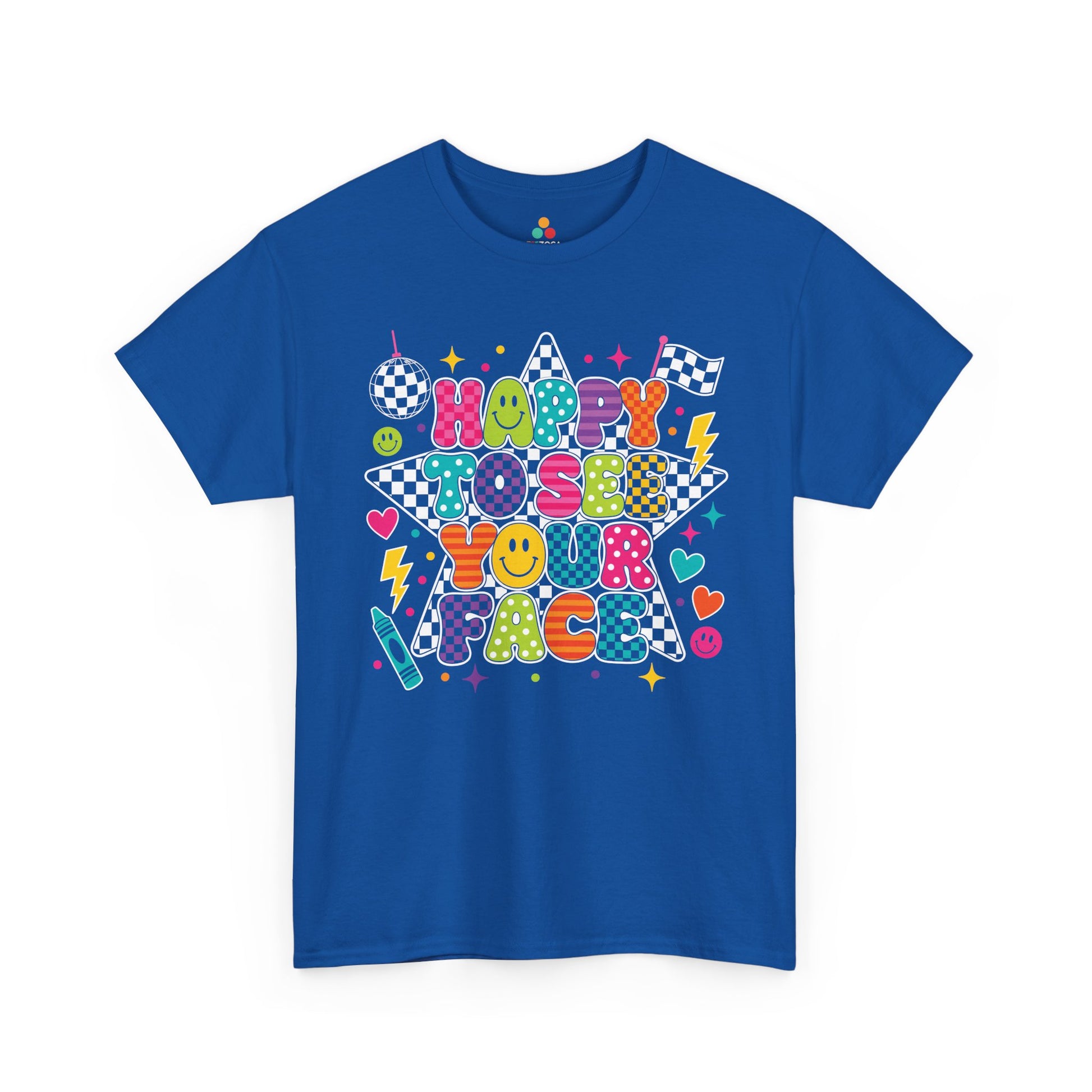 Royal blue TEEZOCA Happy to See Your Face tee, a cute unisex teacher shirt for classroom staff.

