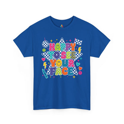 Royal blue TEEZOCA Happy to See Your Face tee, a cute unisex teacher shirt for classroom staff.
