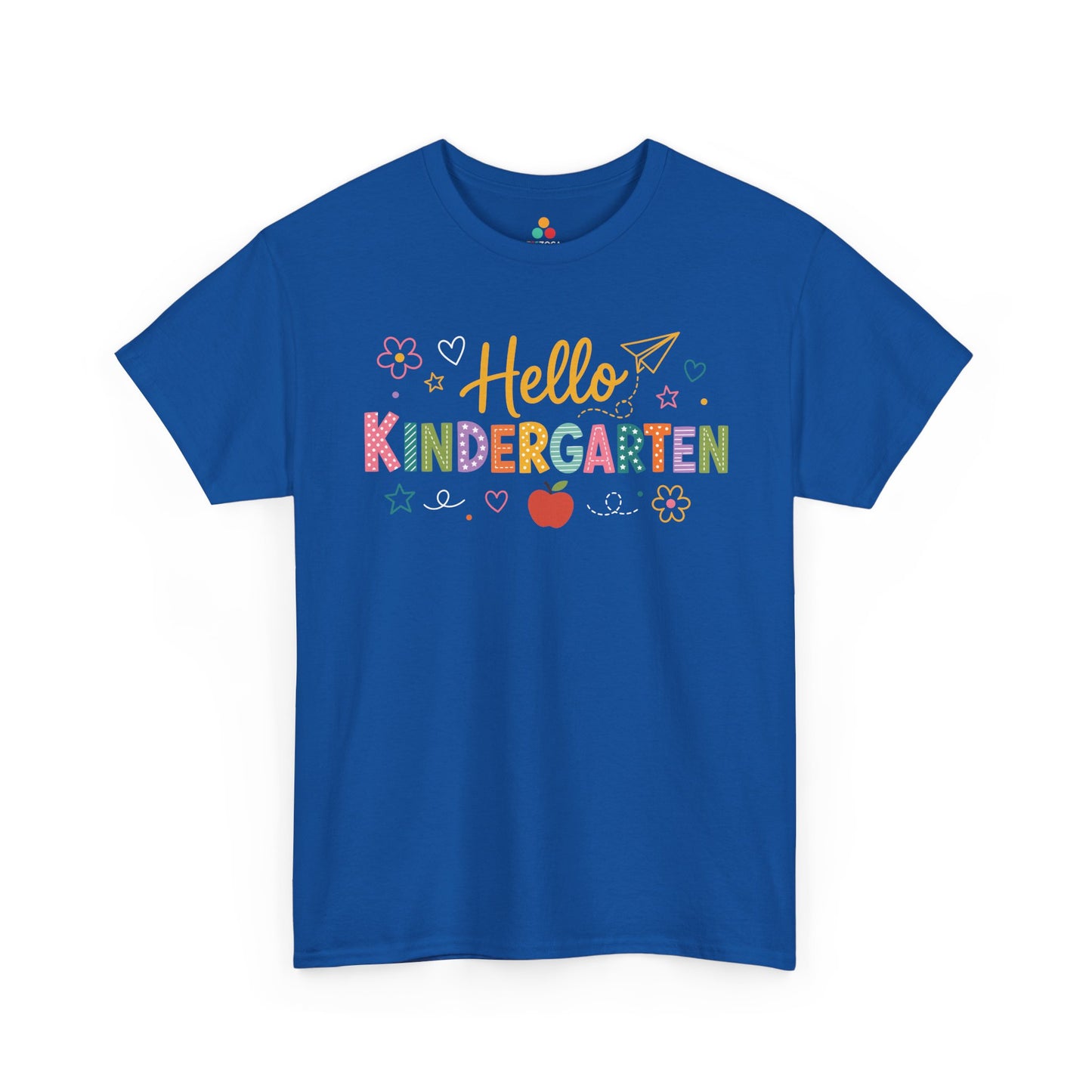 Royal blue TEEZOCA Hello Kindergarten tee, a cute unisex teacher shirt for kindergarten classroom staff.
