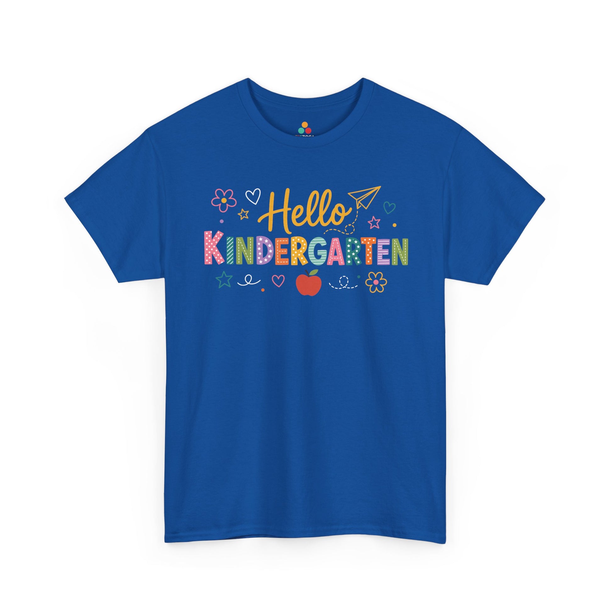 Royal blue TEEZOCA Hello Kindergarten tee, a cute unisex teacher shirt for kindergarten classroom staff.
