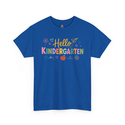Royal blue TEEZOCA Hello Kindergarten tee, a cute unisex teacher shirt for kindergarten classroom staff.
