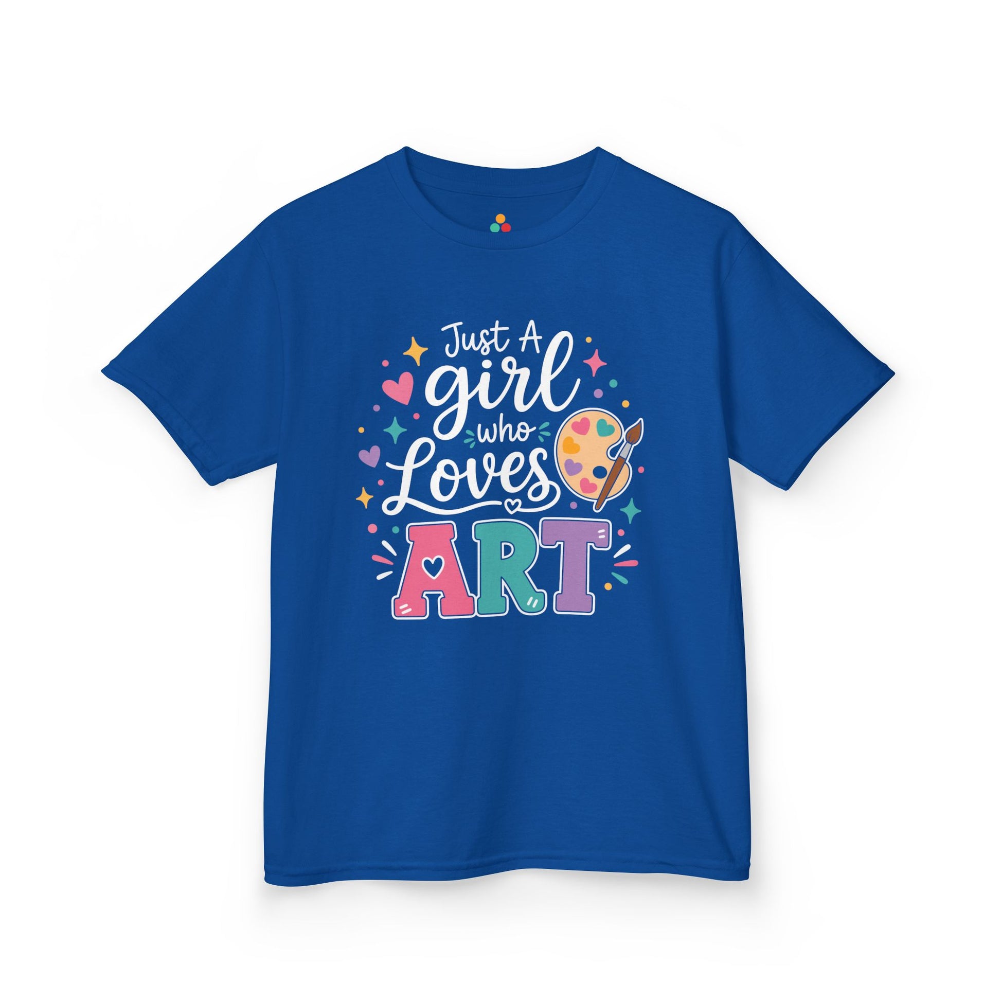 Royal blue TEEZOCA Just a Girl Who Loves Art kids tee, a cute art lover shirt for a creative girl.
