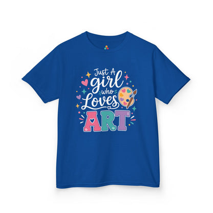 Royal blue TEEZOCA Just a Girl Who Loves Art kids tee, a cute art lover shirt for a creative girl.
