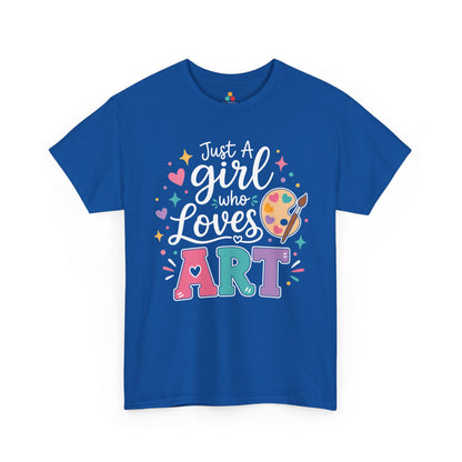 Royal blue TEEZOCA Just a Girl Who Loves Art tee, a cute art lover shirt for a creative woman.
