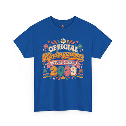Royal blue TEEZOCA Official Kindergartener Future Class of 2039 retro shirt, a keepsake back to school tee for first-day photos.
