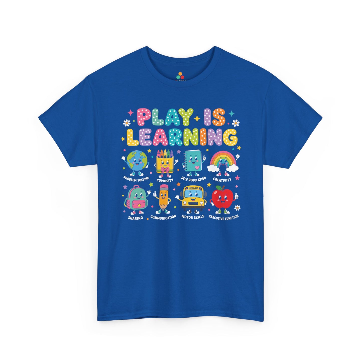 Royal blue TEEZOCA Play Is Learning tee, a cute unisex teacher shirt for pre-k and preschool staff.
