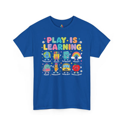Royal blue TEEZOCA Play Is Learning tee, a cute unisex teacher shirt for pre-k and preschool staff.
