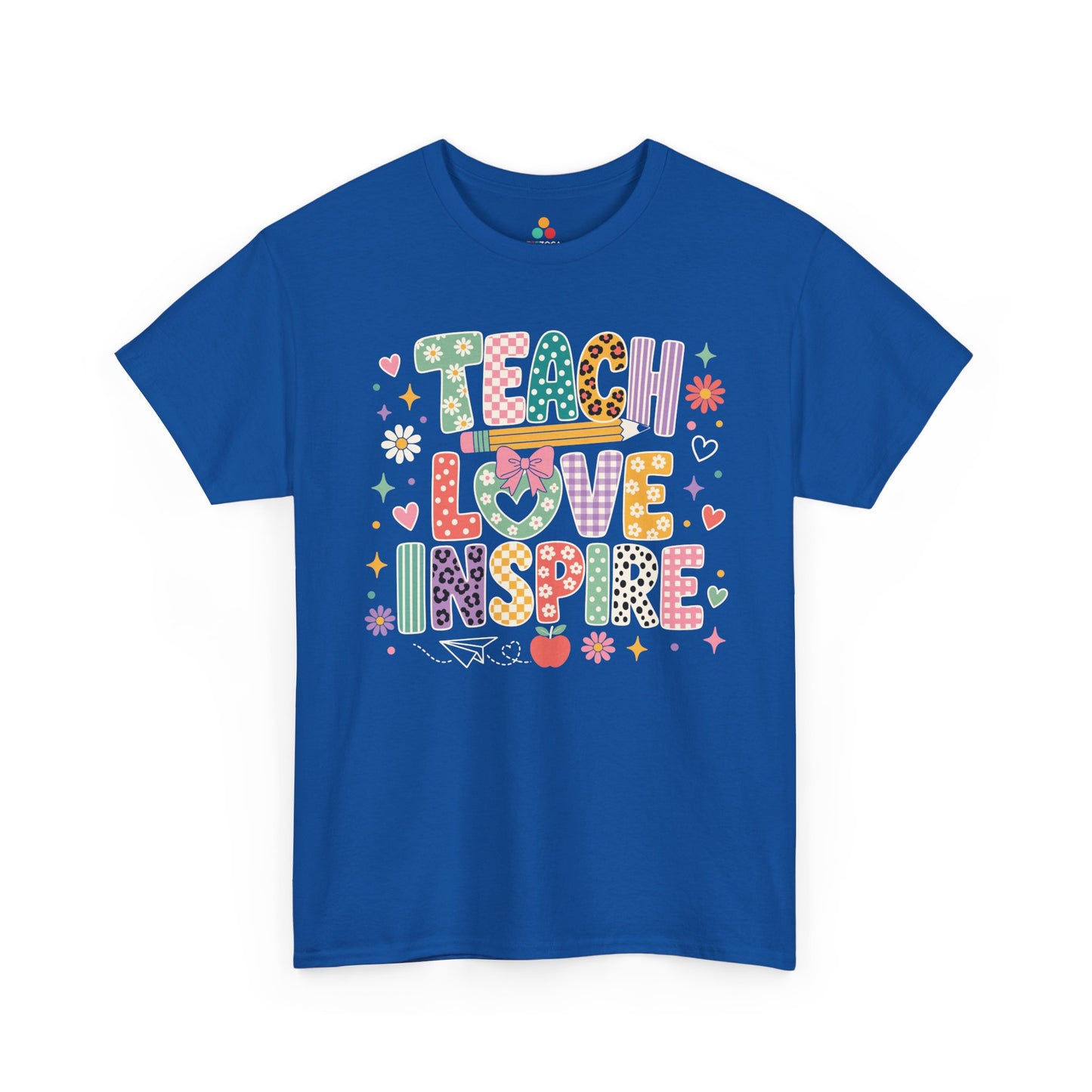 Royal blue TEEZOCA Teach Love Inspire shirt with a pencil and apple, a cute back to school teacher tee.
