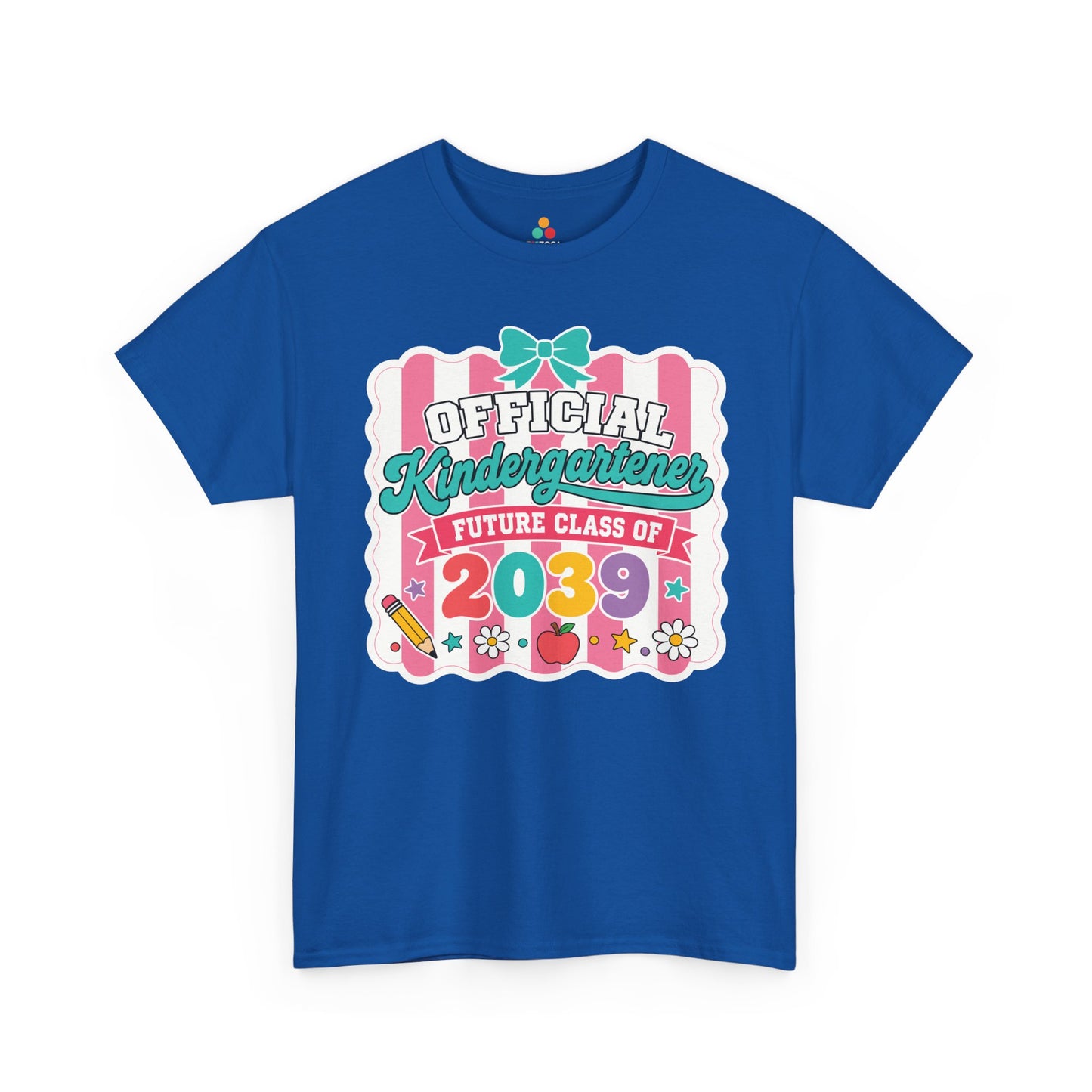 Royal blue TEEZOCA coquette Official Kindergartener Future Class of 2039 shirt, a keepsake back to school tee for first-day photos.
