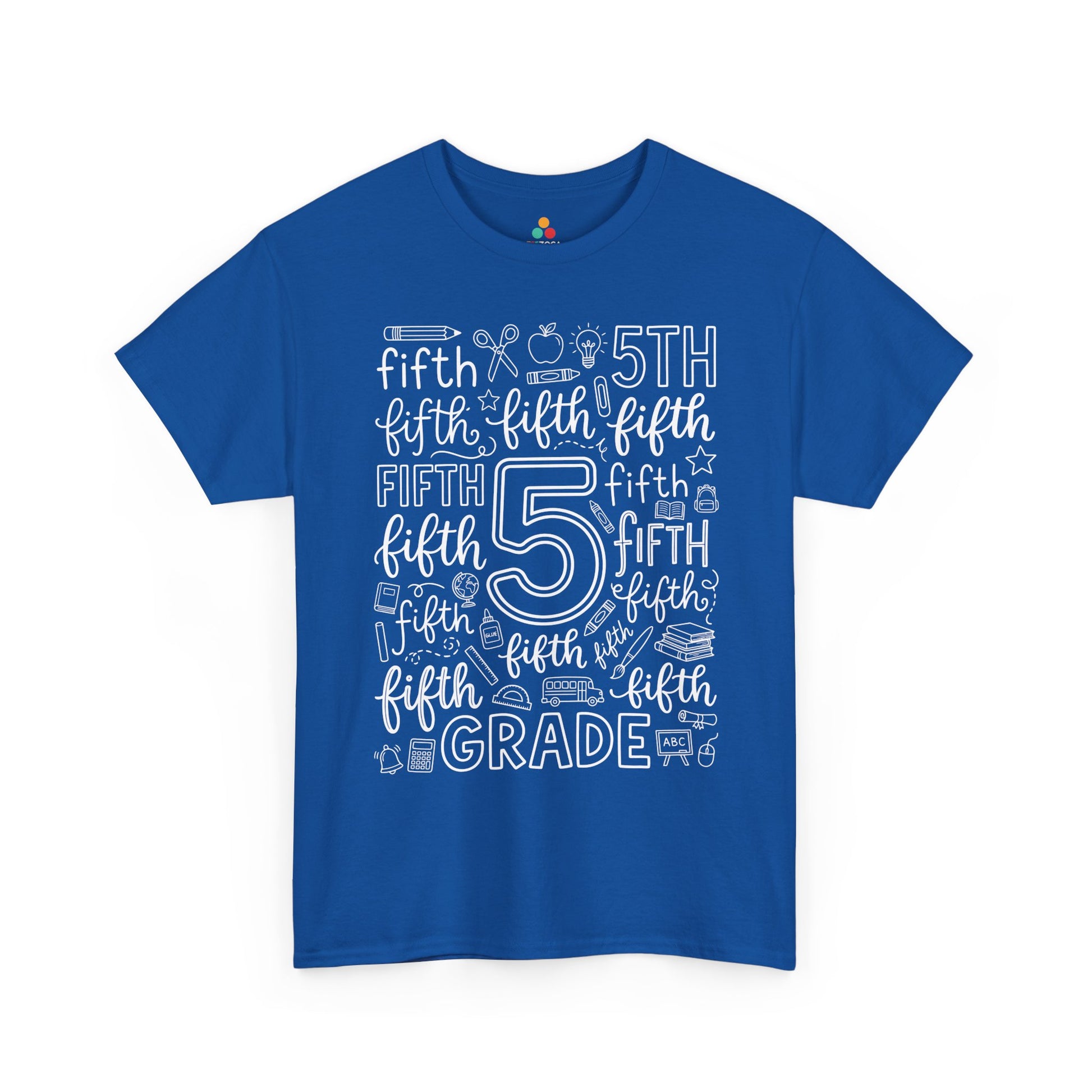 Royal blue TEEZOCA fifth grade teacher shirt with word-art lettering, a unisex adult back to school tee.
