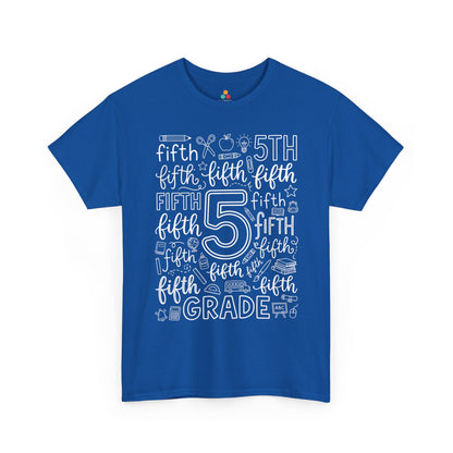 Royal blue TEEZOCA fifth grade teacher shirt with word-art lettering, a unisex adult back to school tee.
