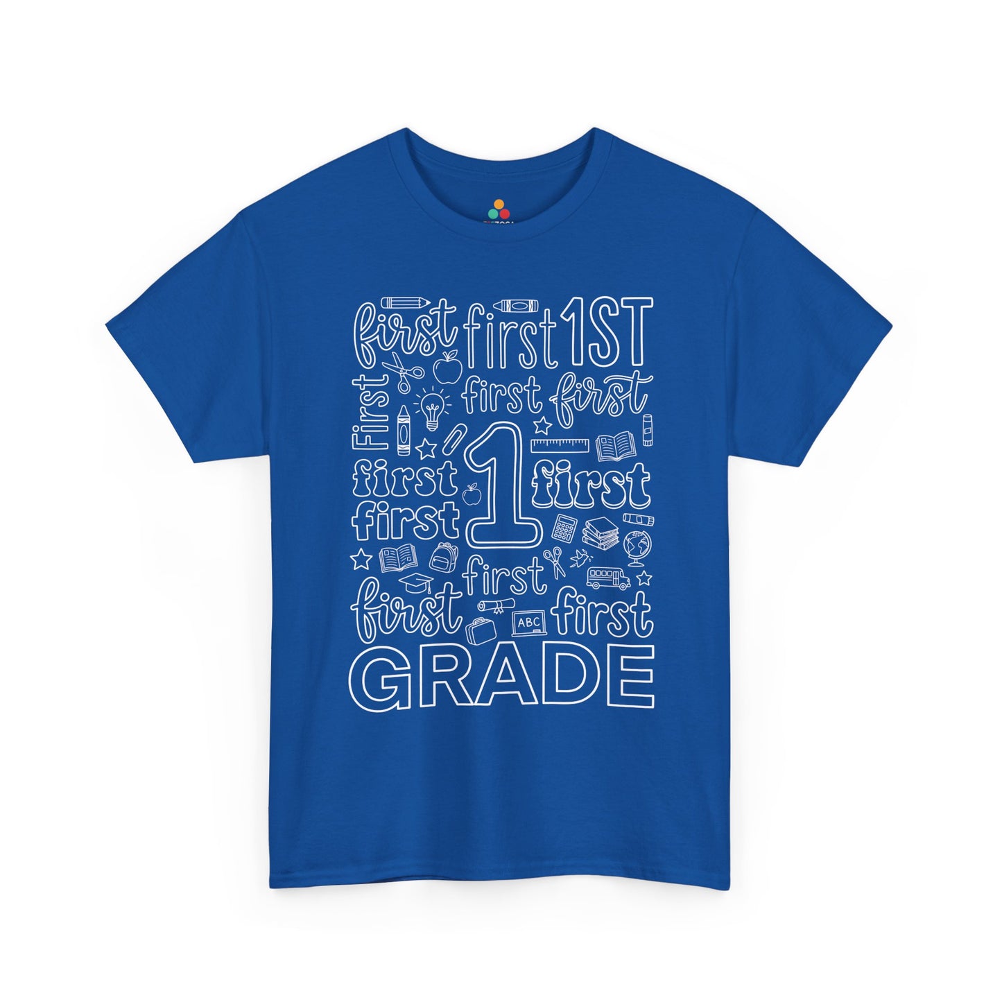 Royal blue TEEZOCA first grade teacher shirt with word-art lettering, a unisex adult back to school tee.
