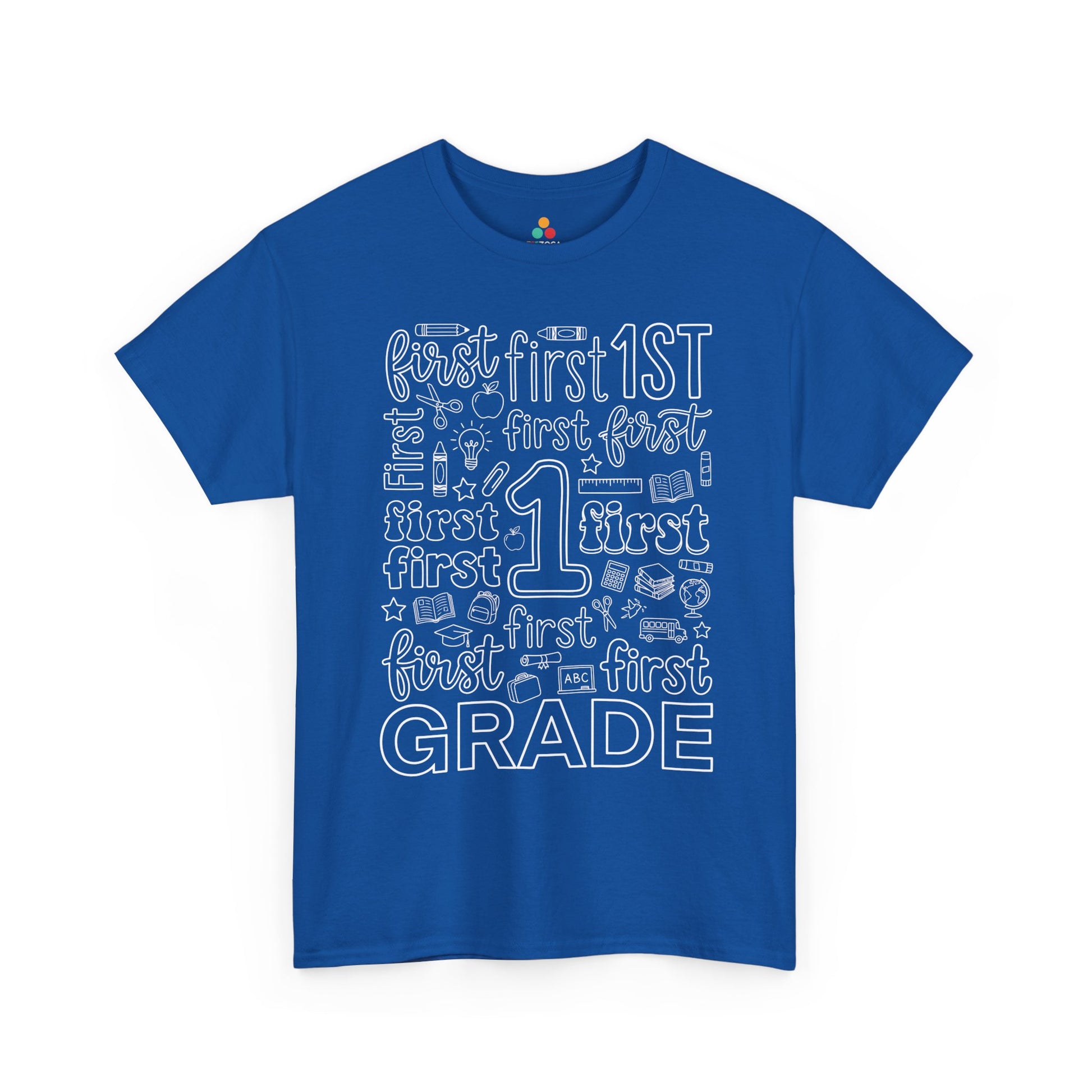 Royal blue TEEZOCA first grade teacher shirt with word-art lettering, a unisex adult back to school tee.
