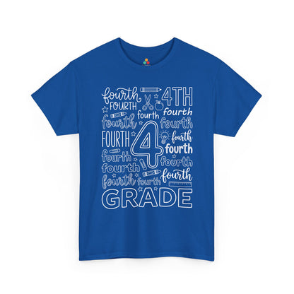 Royal blue TEEZOCA fourth grade teacher shirt with word-art lettering, a unisex adult back to school tee.
