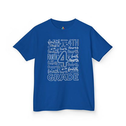 Royal blue TEEZOCA fourth grade typography kids tee with word-art lettering, a back to school shirt for kids.
