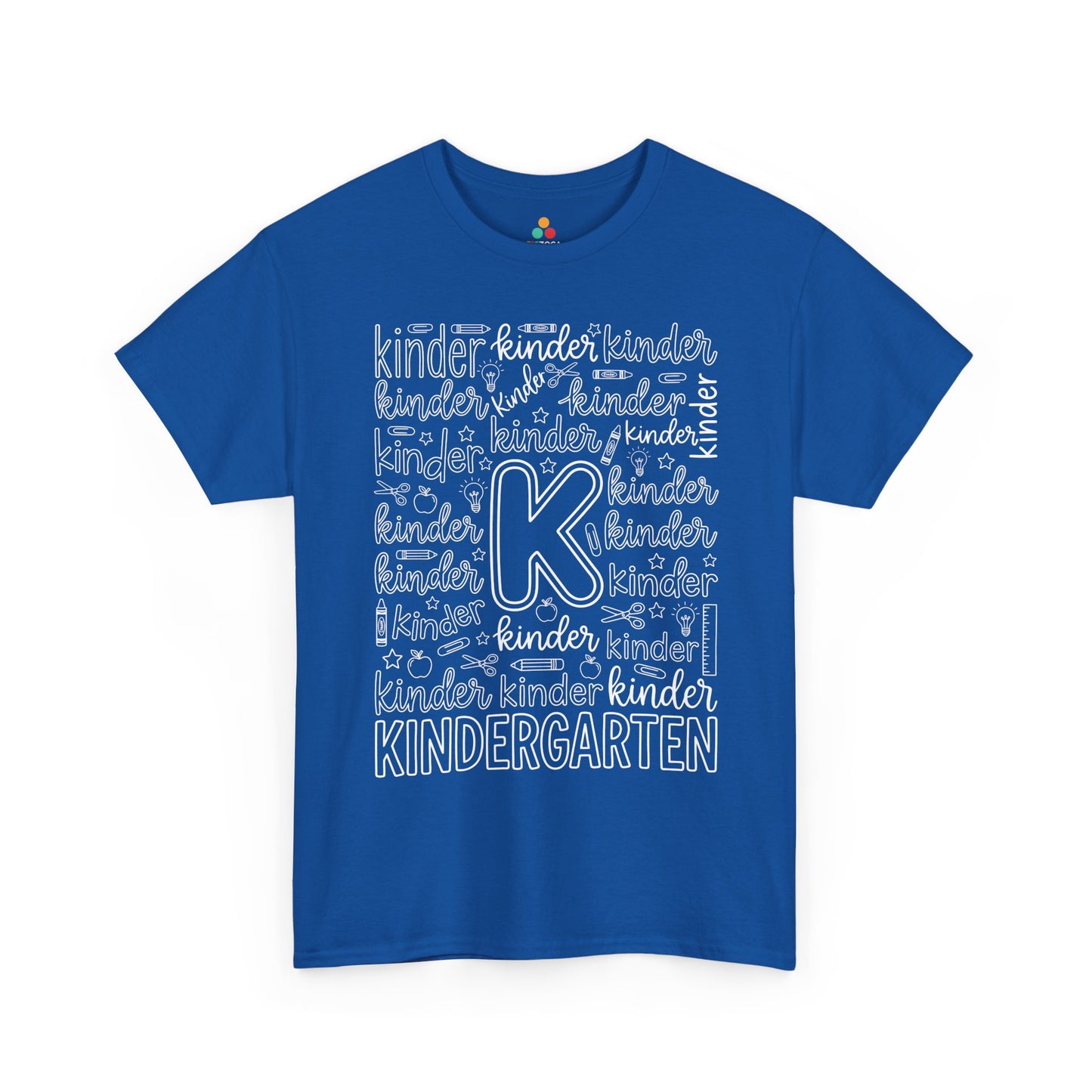Royal blue TEEZOCA kindergarten teacher shirt with word-art lettering, a unisex adult back to school tee.
