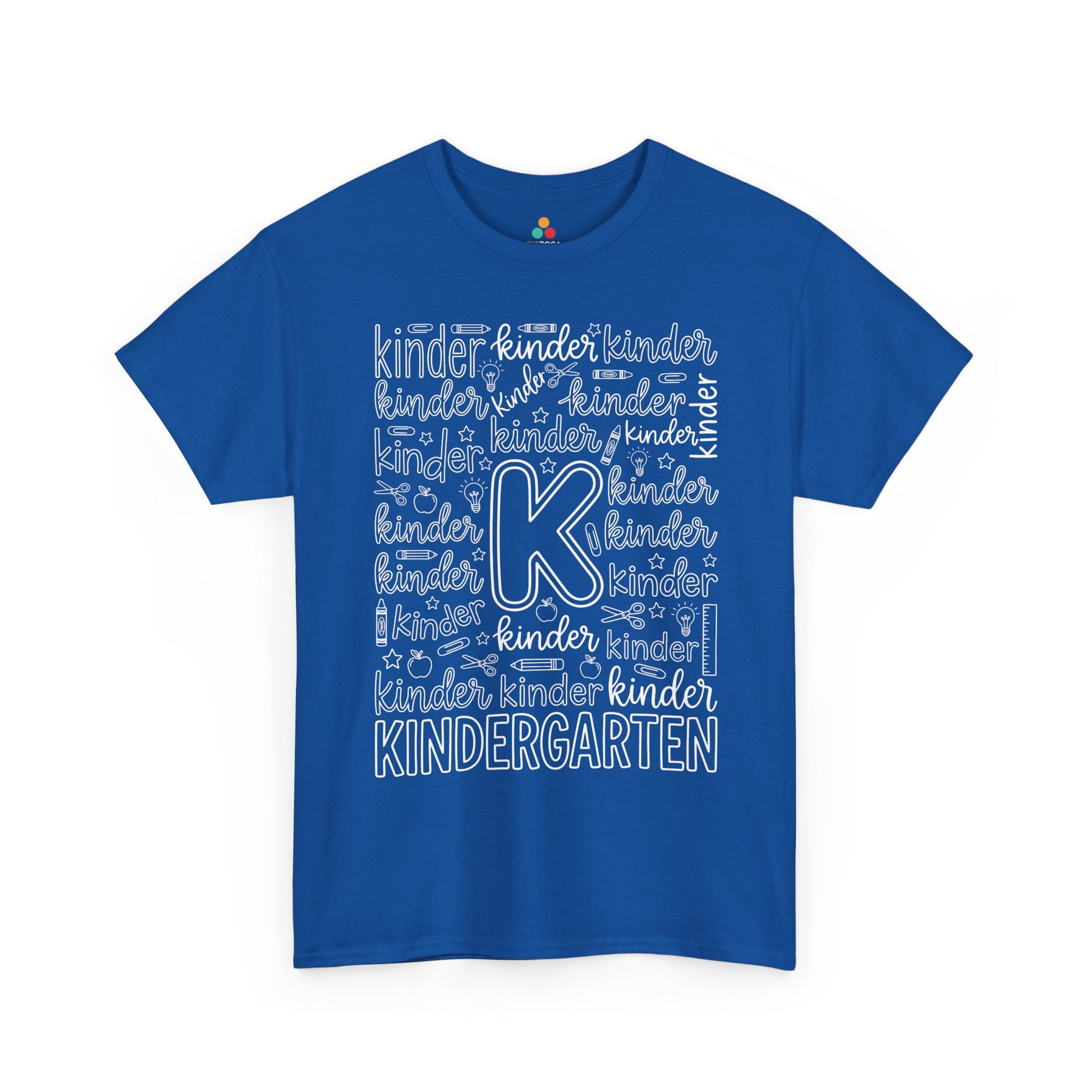 Royal blue TEEZOCA kindergarten teacher shirt with word-art lettering, a unisex adult back to school tee.
