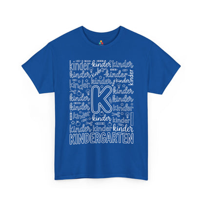 Royal blue TEEZOCA kindergarten teacher shirt with word-art lettering, a unisex adult back to school tee.
