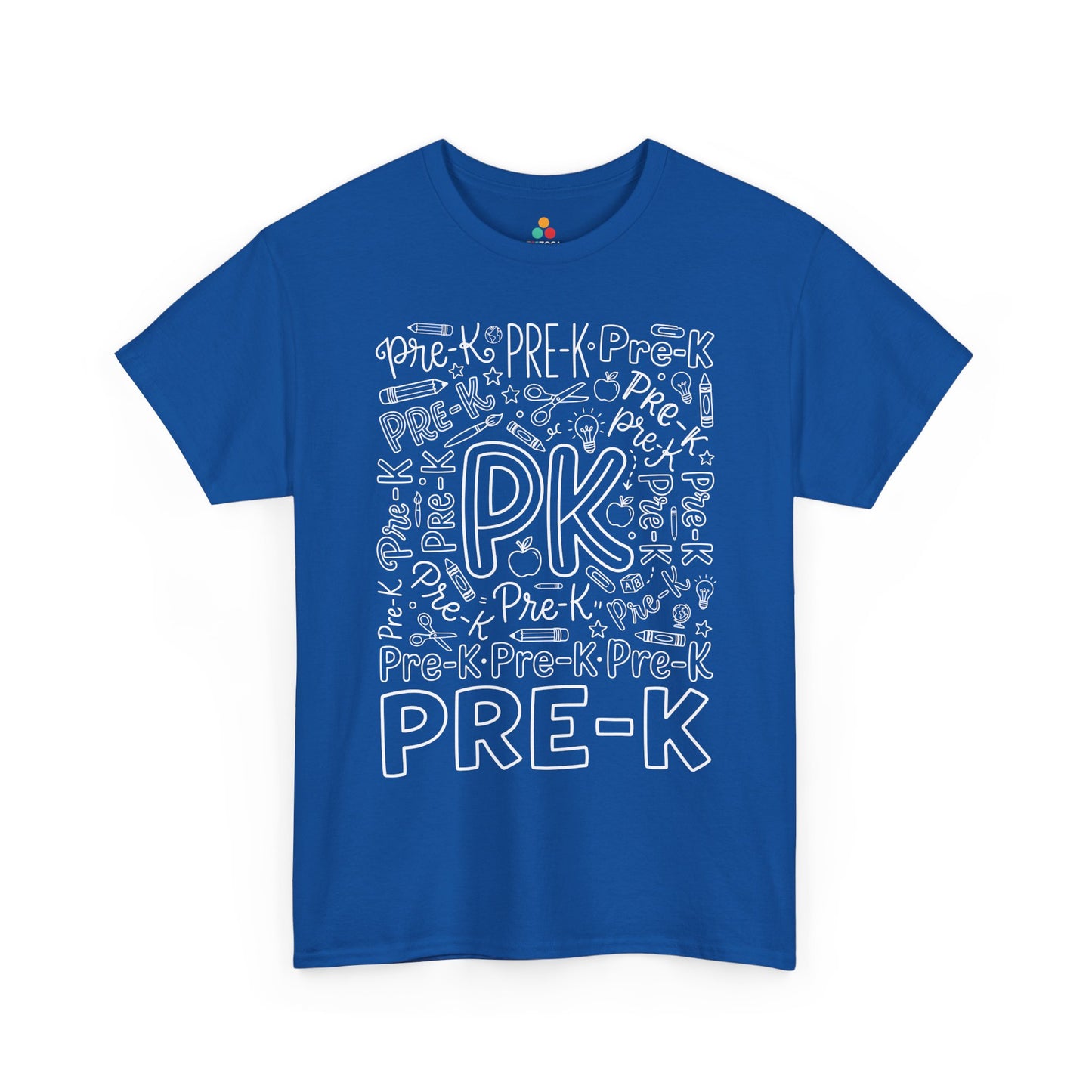 Royal blue TEEZOCA pre-k teacher shirt with word-art lettering, a unisex adult back to school tee.
