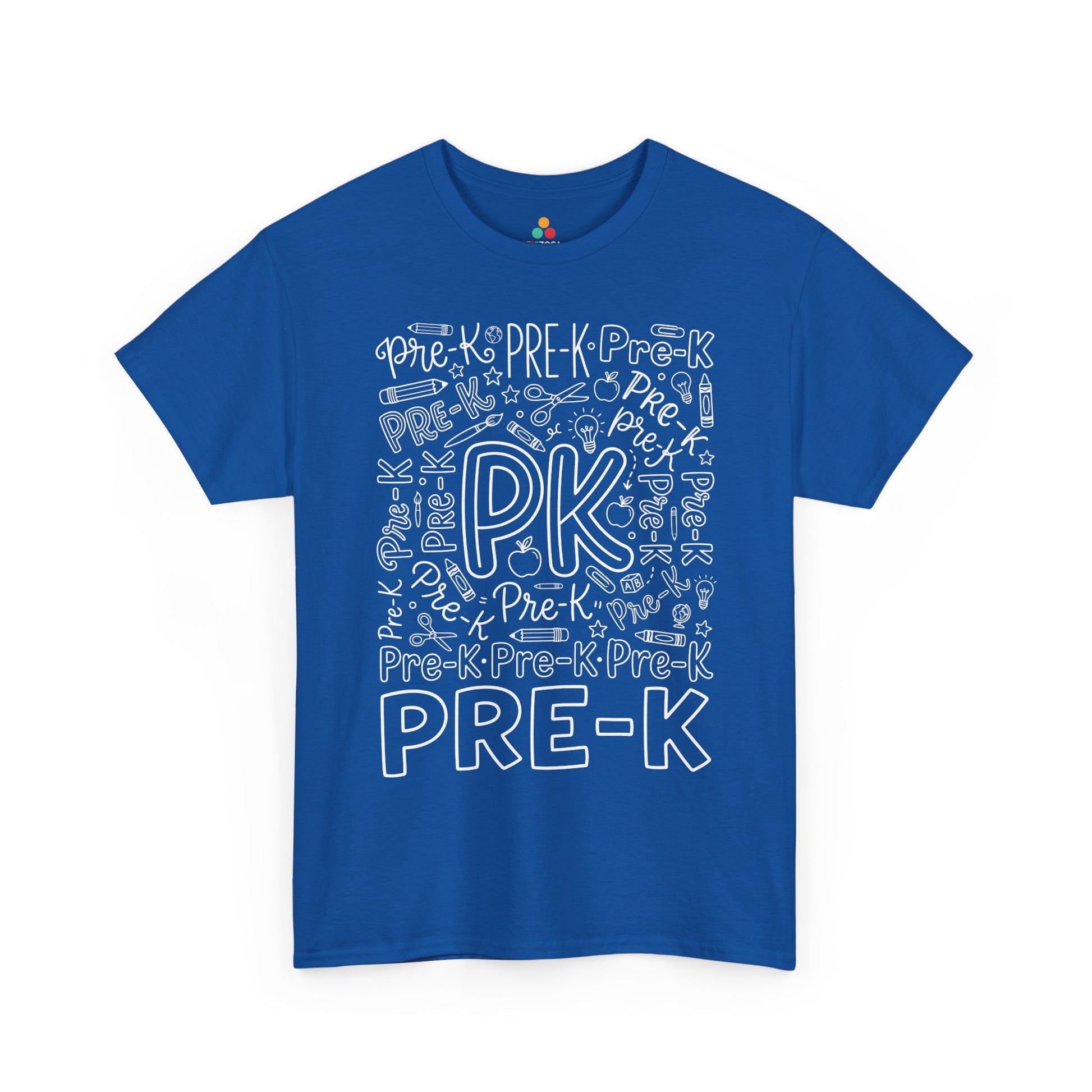 Royal blue TEEZOCA pre-k teacher shirt with word-art lettering, a unisex adult back to school tee.
