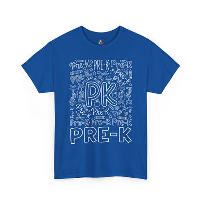 Royal blue TEEZOCA pre-k teacher shirt with word-art lettering, a unisex adult back to school tee.

