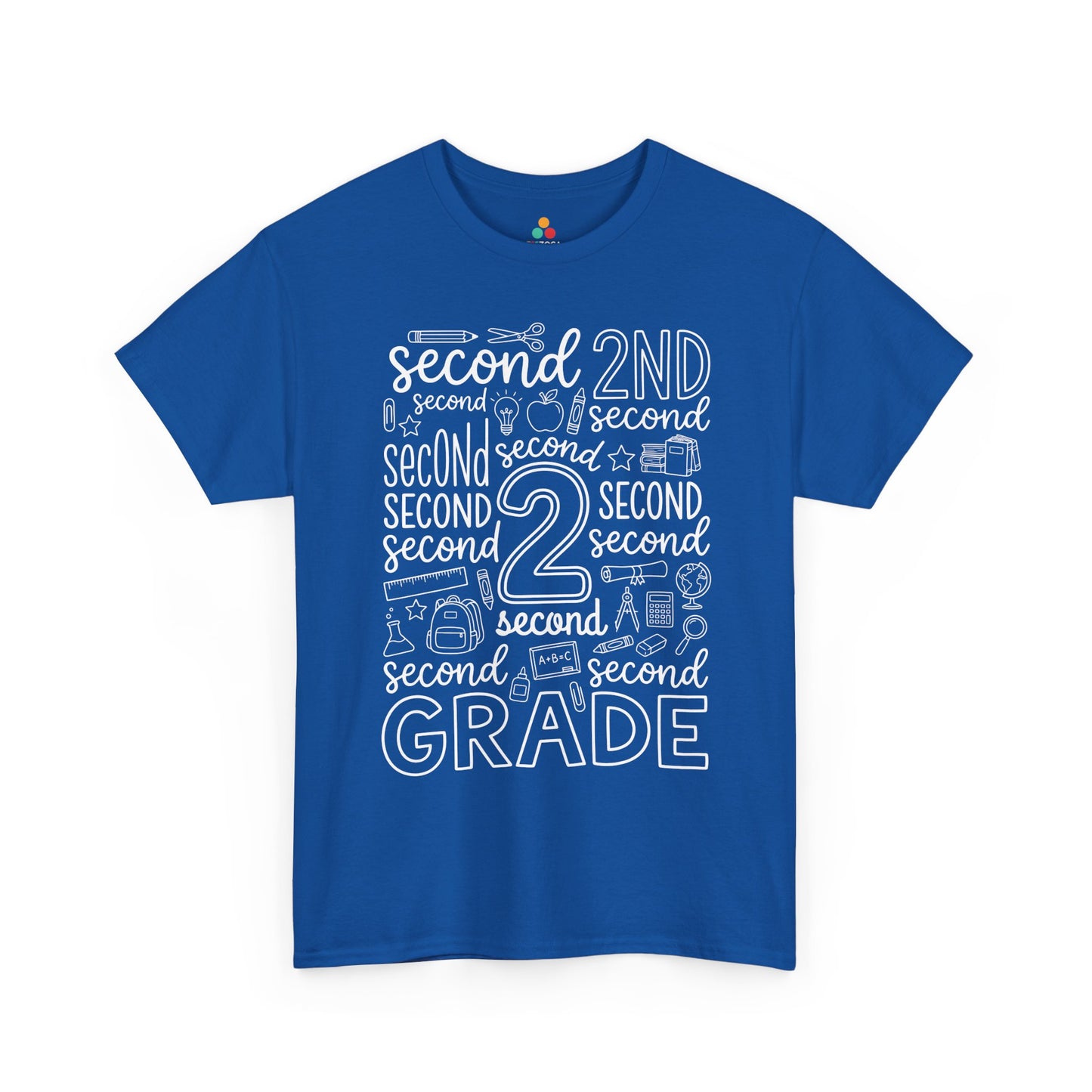 Royal blue TEEZOCA second grade teacher shirt with word-art lettering, a unisex adult back to school tee.
