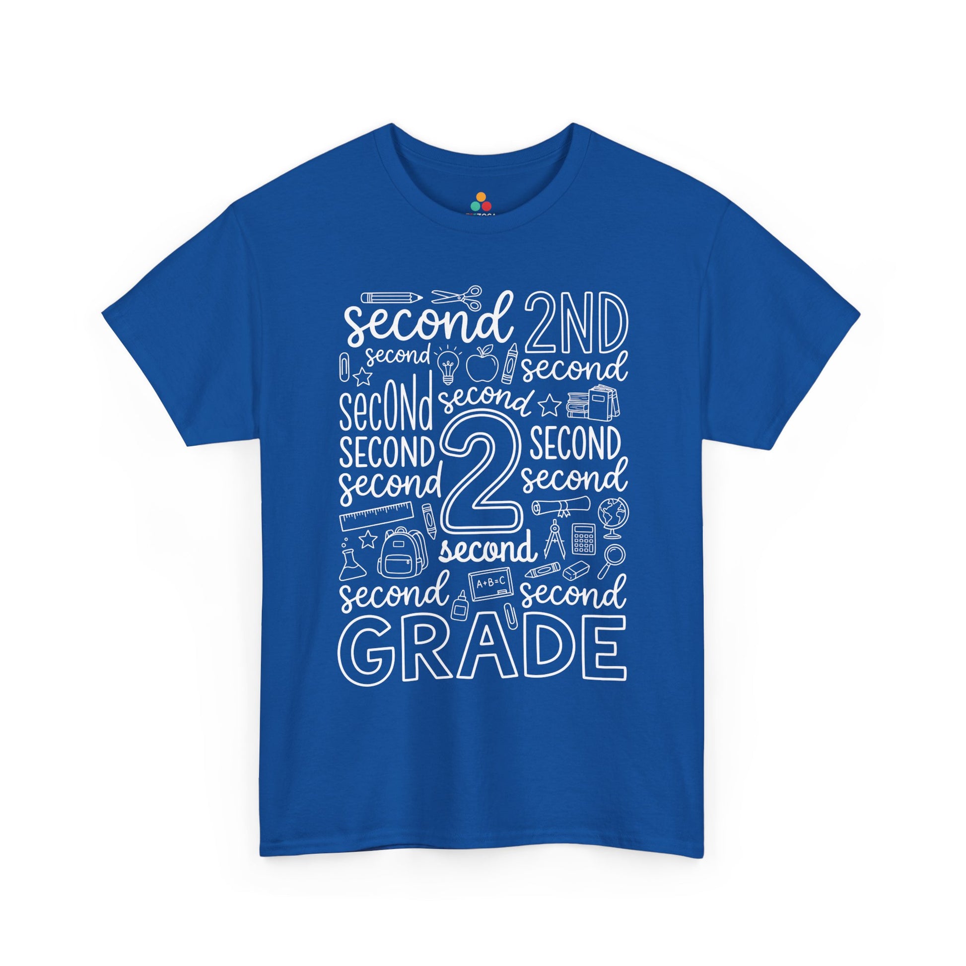Royal blue TEEZOCA second grade teacher shirt with word-art lettering, a unisex adult back to school tee.
