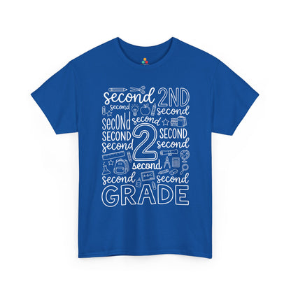 Royal blue TEEZOCA second grade teacher shirt with word-art lettering, a unisex adult back to school tee.
