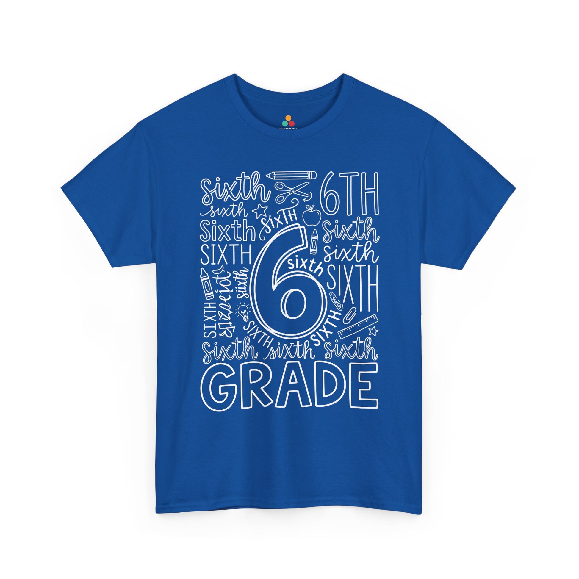 Royal blue TEEZOCA sixth grade teacher shirt with word-art lettering, a unisex adult back to school tee.
