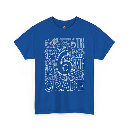 Royal blue TEEZOCA sixth grade teacher shirt with word-art lettering, a unisex adult back to school tee.
