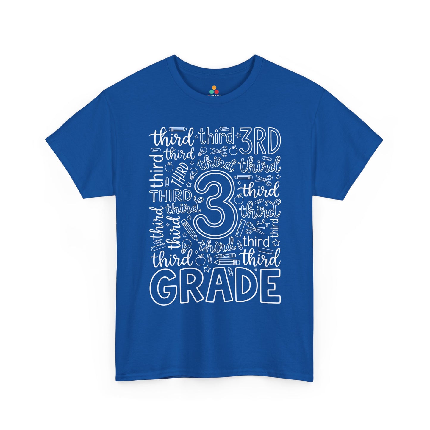 Royal blue TEEZOCA third grade teacher shirt with word-art lettering, a unisex adult back to school tee.
