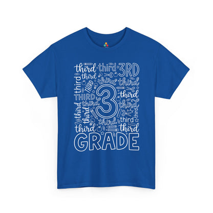Royal blue TEEZOCA third grade teacher shirt with word-art lettering, a unisex adult back to school tee.
