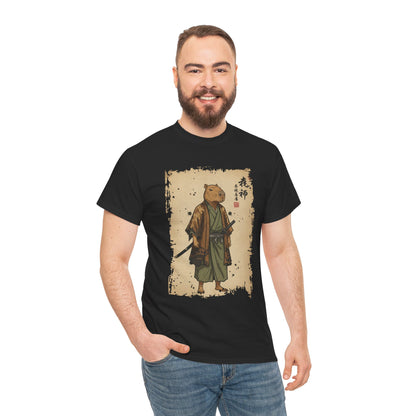Samurai Capybara graphic On Black men  tee shirt featuring a calm capybara in traditional Japanese samurai clothing.​

