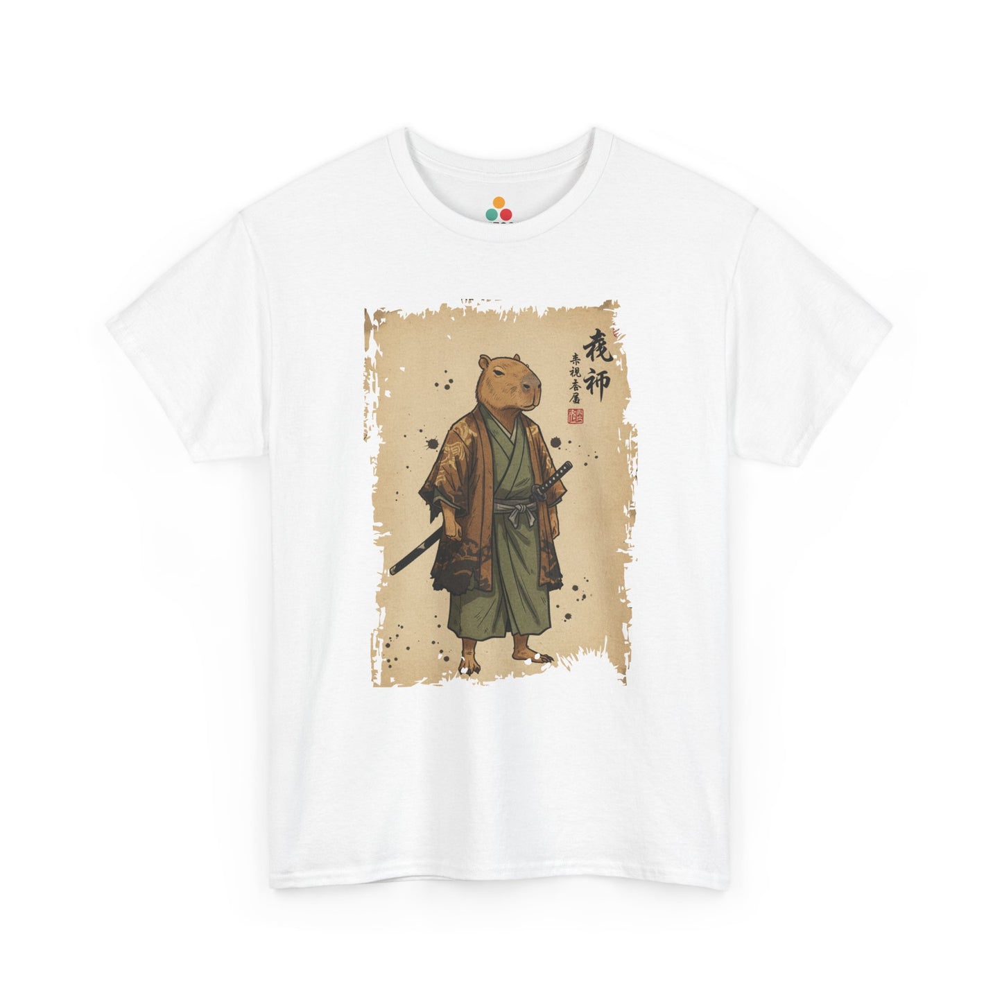 Samurai Capybara graphic On White tee shirt featuring a calm capybara in traditional Japanese samurai clothing.​

