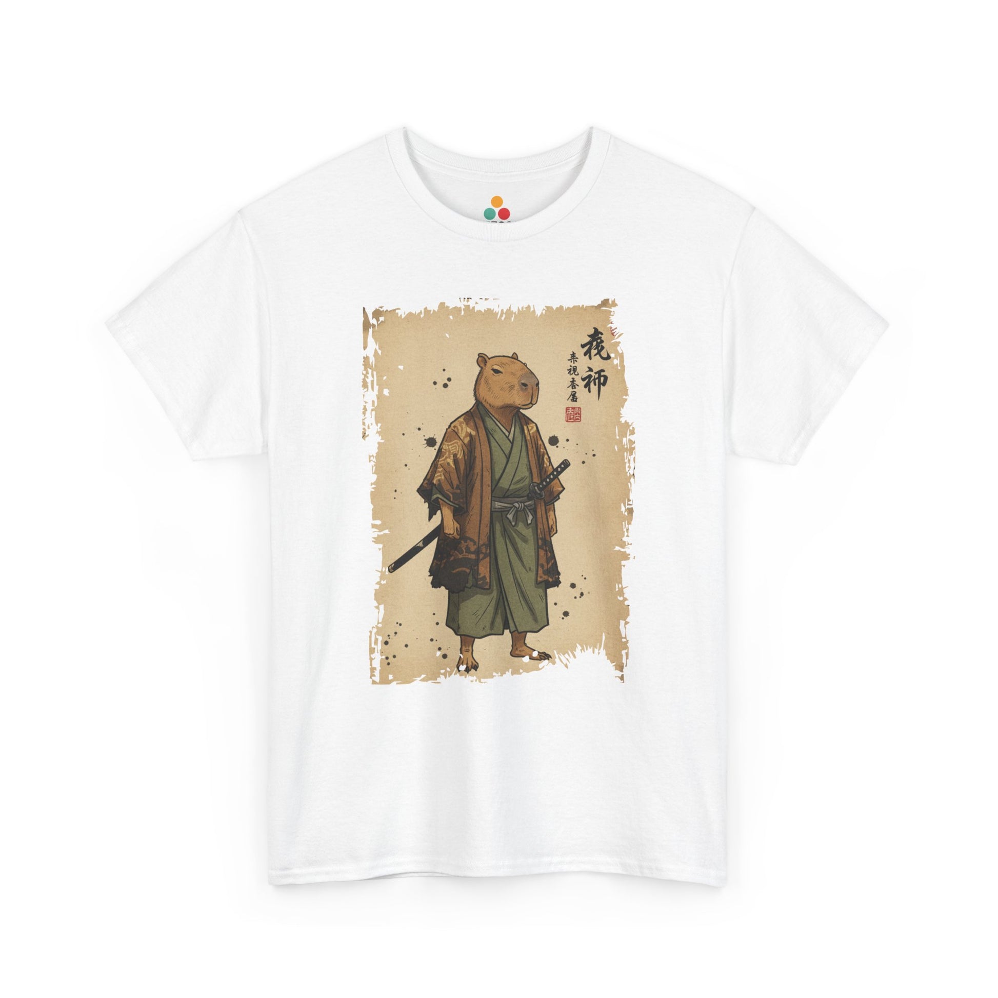 Samurai Capybara graphic On White tee shirt featuring a calm capybara in traditional Japanese samurai clothing.​

