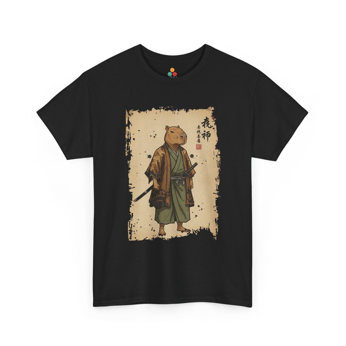 Samurai Capybara graphic On Black tee shirt featuring a calm capybara in traditional Japanese samurai clothing.​


