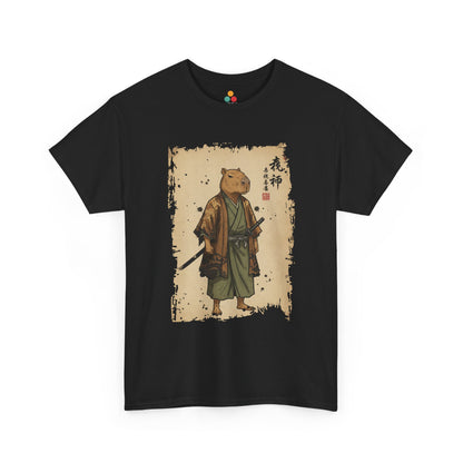 Samurai Capybara graphic On Black tee shirt featuring a calm capybara in traditional Japanese samurai clothing.​

