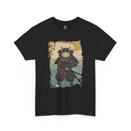 Samurai Cat graphic Black  tee with ukiyo-e style illustration of a cat warrior in armor.​
