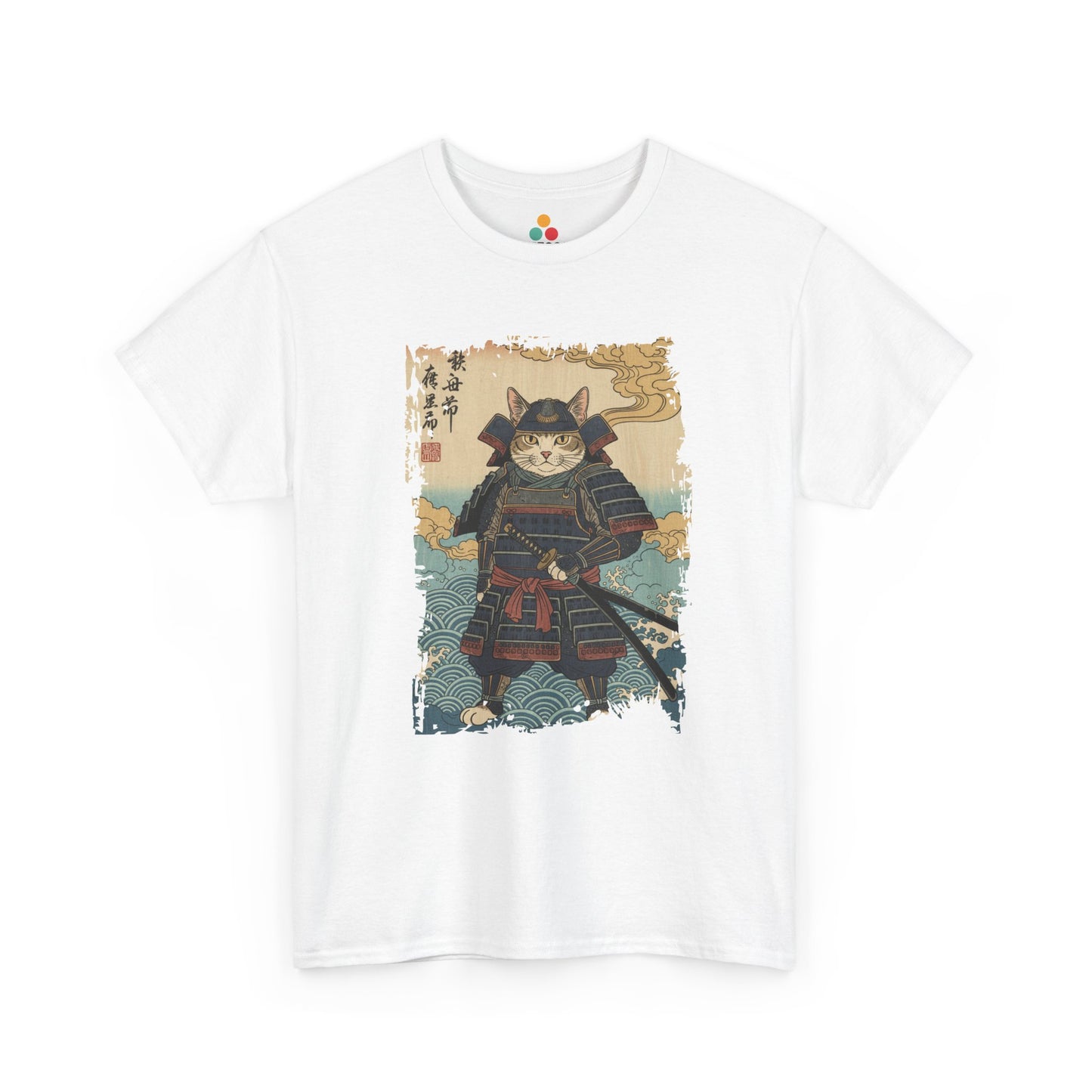 Samurai Cat graphic White tee with ukiyo-e style illustration of a cat warrior in armor.​
